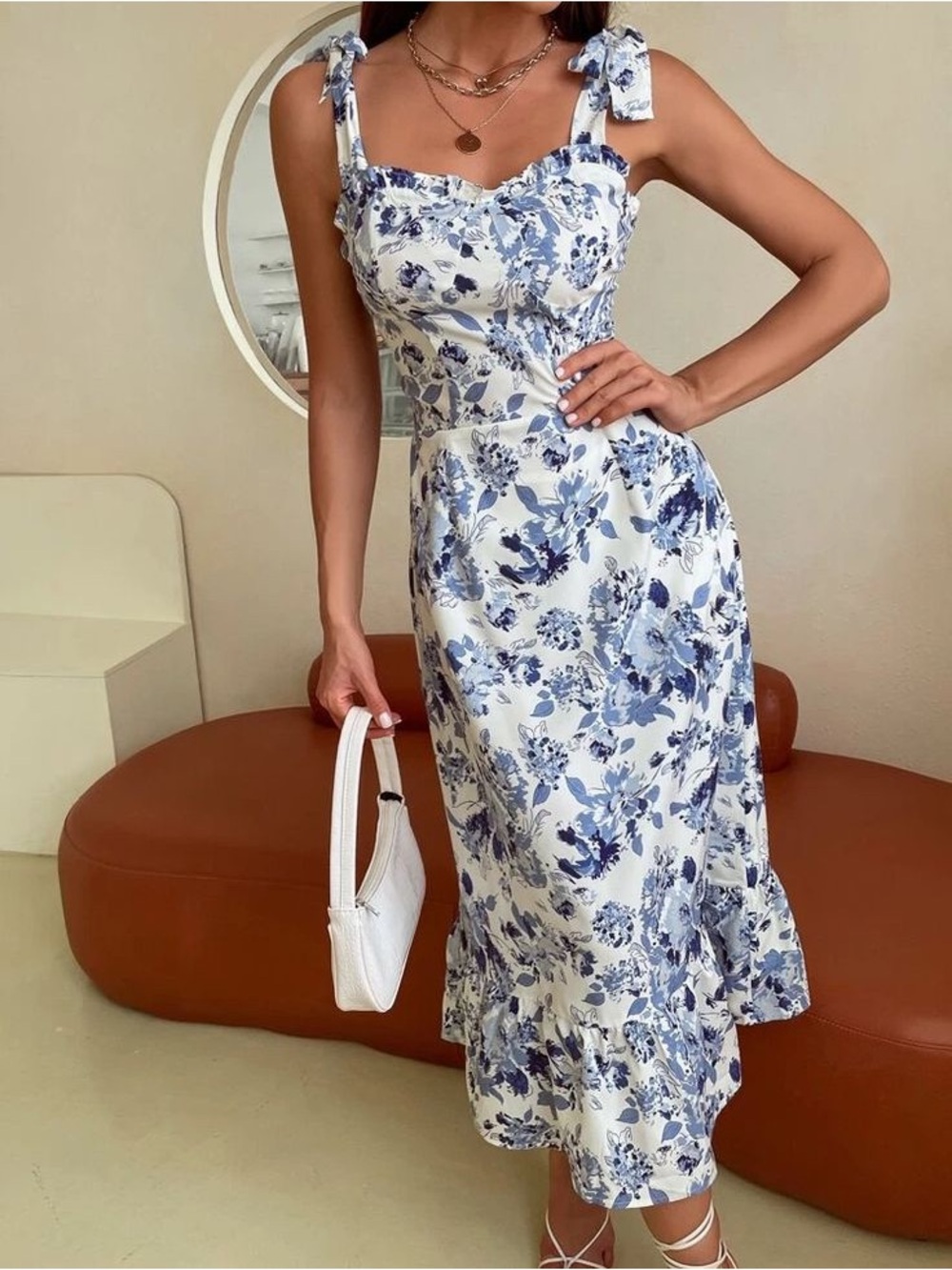 SHEIN White and Blue Floral Midi Dress with Tie Straps